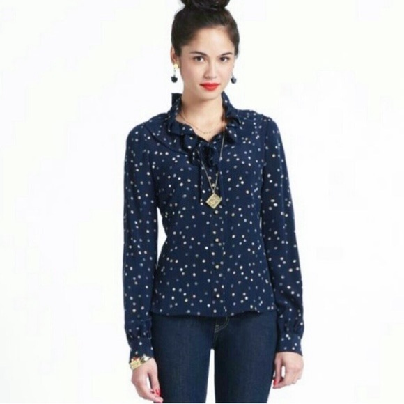 Kate Spade • Lynette Blouse silk polka dot navy blue ruffle collar bow tie neck - Picture 5 of 14